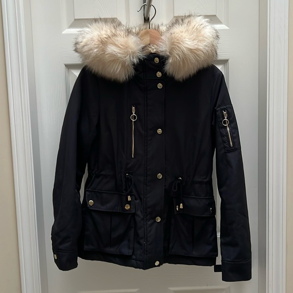 TOPSHOP Faux Fur Parka Navy Jacket - Picture 3 of 11